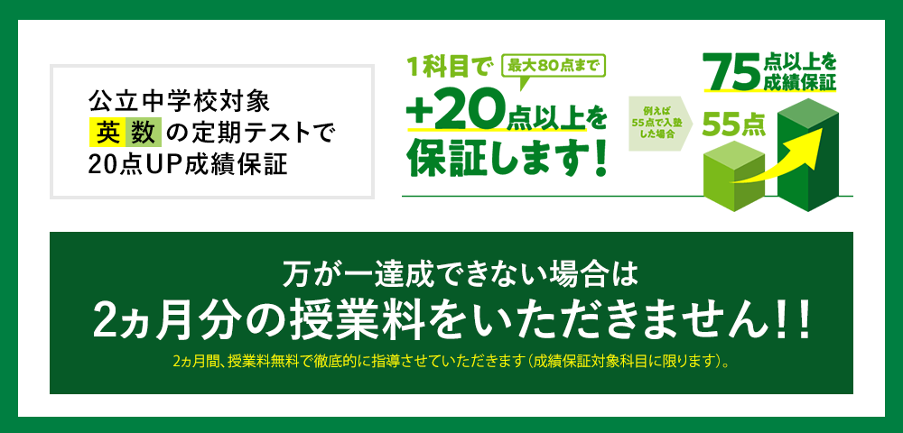 万が一達成できない場合は2ヵ月分の授業料をいただきません！！ 